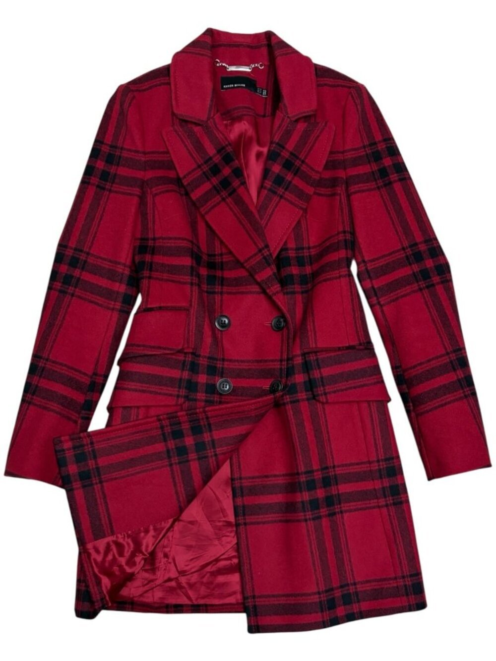 KAREN MILLEN Wool Cashmere Plaid Red Winter Long Trench Pea Coat Womens 4 NWOT